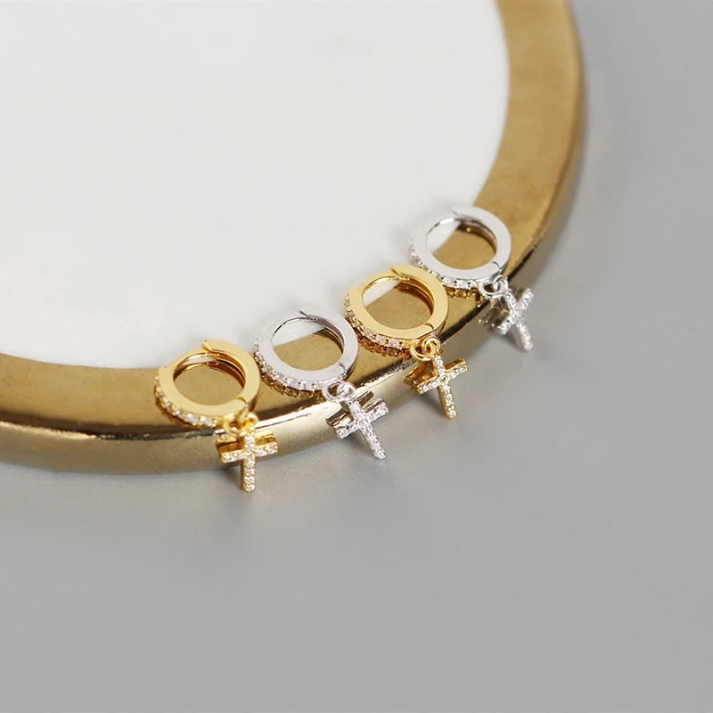 Wholesale Minimalist Gold Silver Color Crystal CZ Zircona Cross Geometry Hoop Earrings for Women Metal Huggie Jewelry