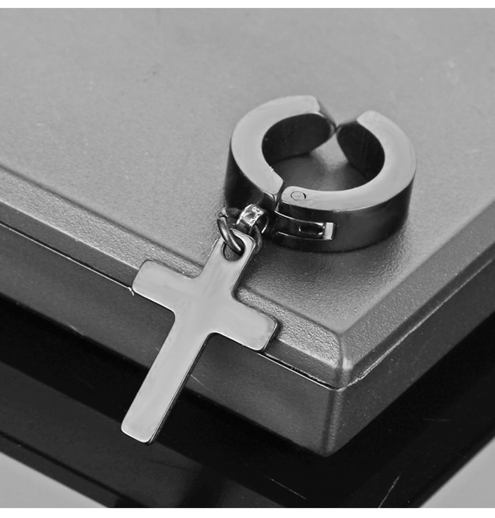 2-Pack Stainless Steel Clip-On Non-Piercing Earrings - Black and Gold Cross Gothic Punk Rock Jewelry for Men and Women