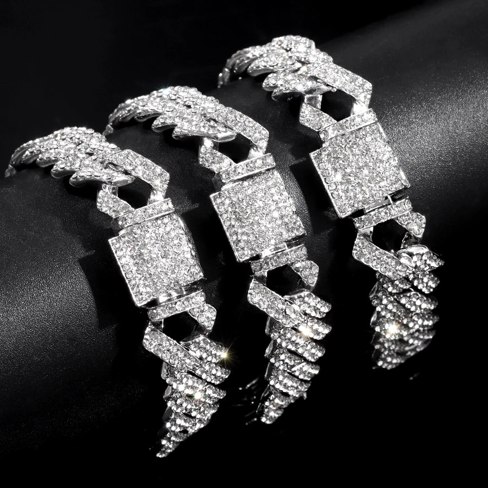Women Hip Hop Iced Out Crystal Prong Cuban Chain Bracelets Woman Luxury Paved Rhinestone Link Chain Bracelet Punk Rapper Jewelry