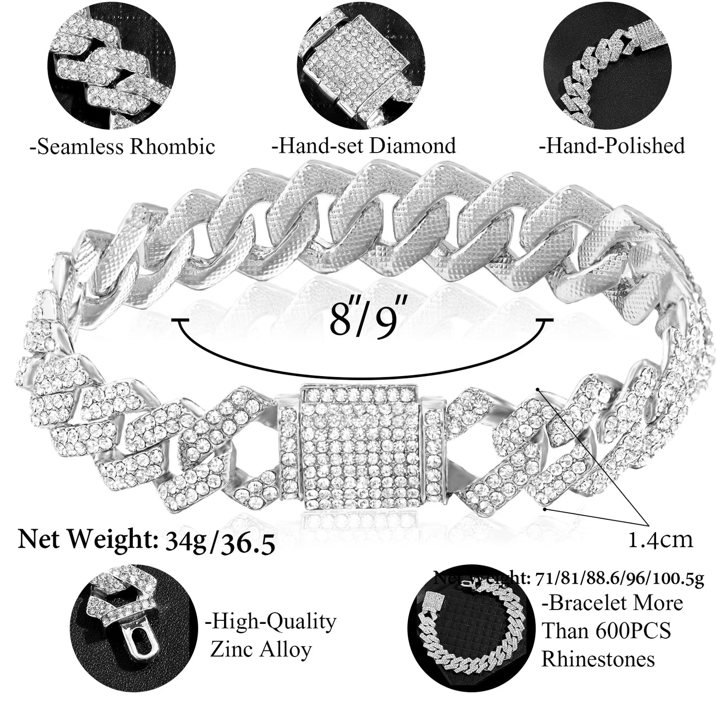 Women Hip Hop Iced Out Crystal Prong Cuban Chain Bracelets Woman Luxury Paved Rhinestone Link Chain Bracelet Punk Rapper Jewelry