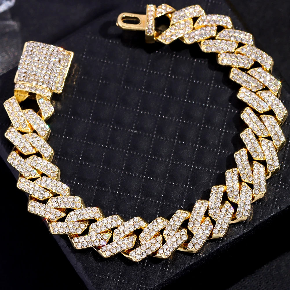 Women Hip Hop Iced Out Crystal Prong Cuban Chain Bracelets Woman Luxury Paved Rhinestone Link Chain Bracelet Punk Rapper Jewelry
