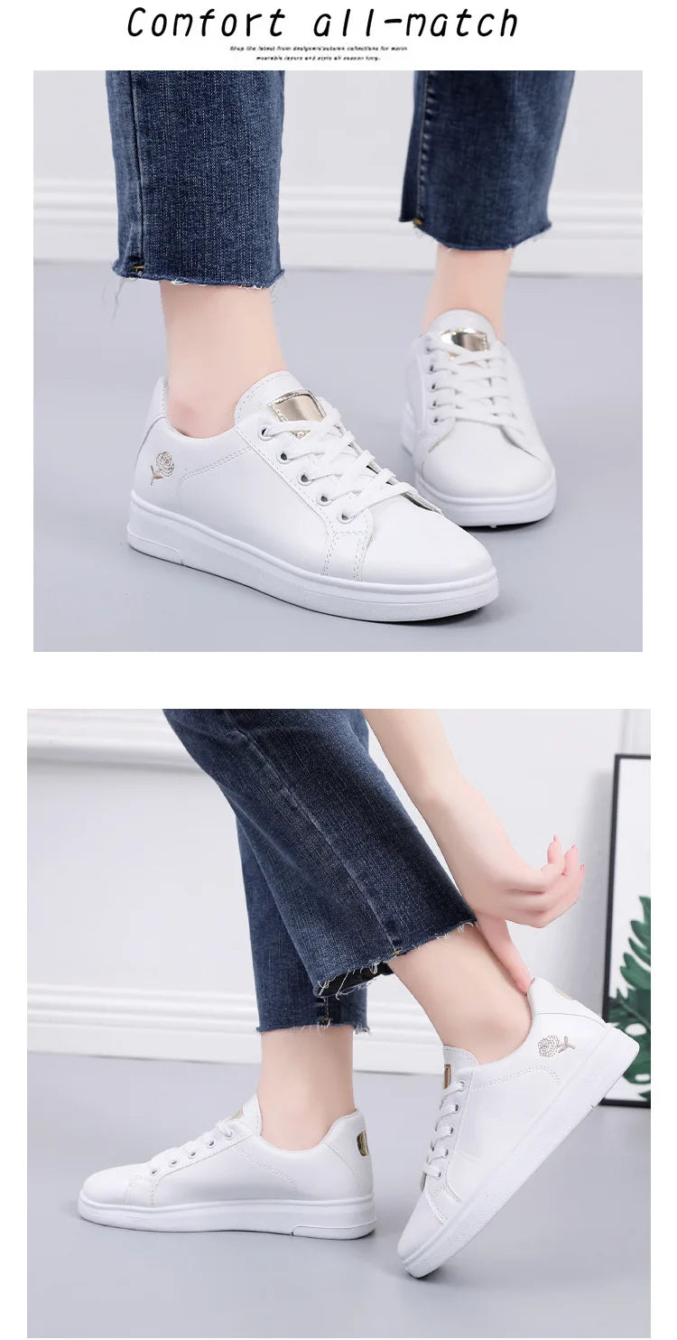 Spring Women Casual Shoes White Breathable Embroidered Flower Lace-Up Women Sneakers Fashion Korean version Women Tennis shoes