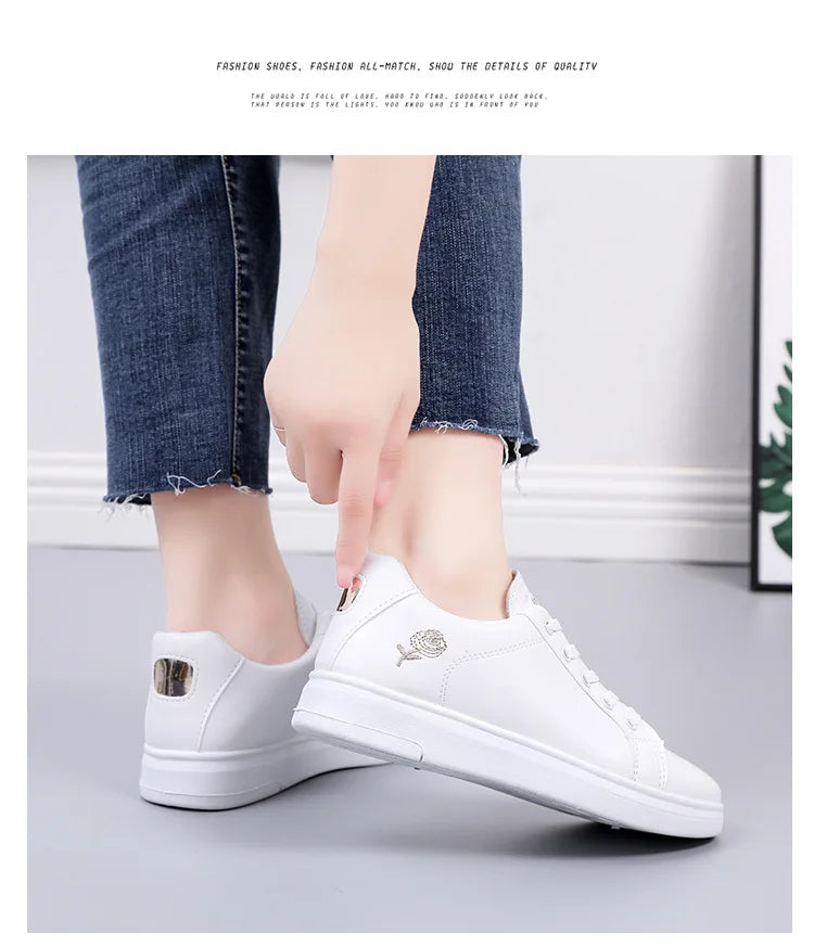 Spring Women Casual Shoes White Breathable Embroidered Flower Lace-Up Women Sneakers Fashion Korean version Women Tennis shoes
